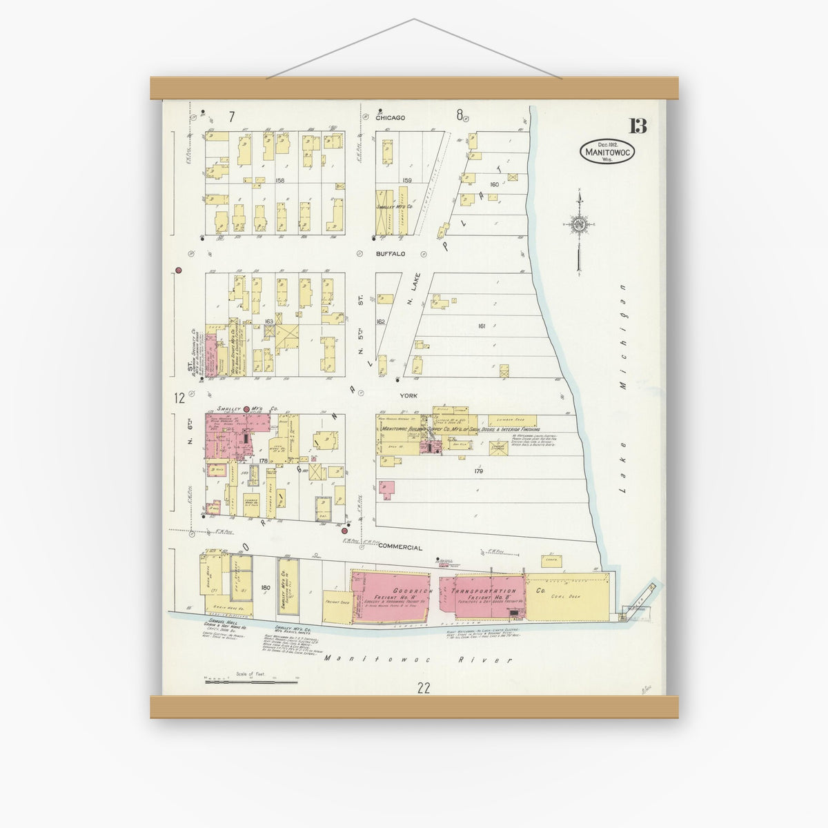 Old map wall art mockup — magnetic wood frame on white wall — Sanborn Fire Insurance Map from Manitowoc, Manitowoc County, Wisconsin (1912), Sheet #0013