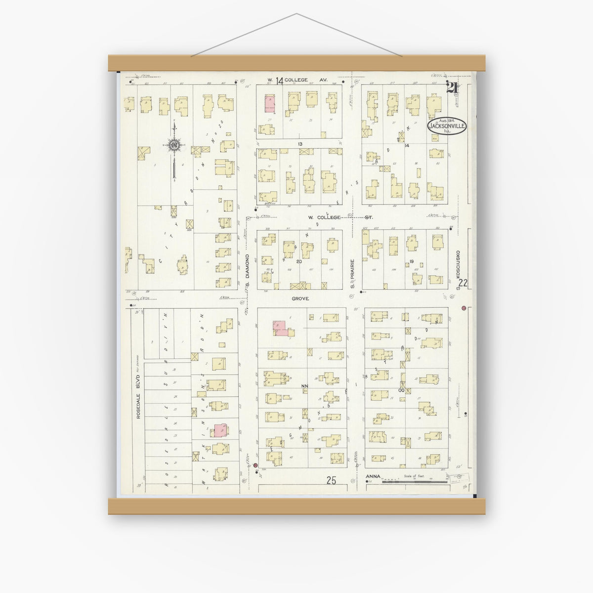 Old map wall art mockup — magnetic wood frame on white wall — Sanborn Fire Insurance Map from Jacksonville, Morgan County, Illinois (1914), Sheet #0021
