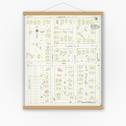 Old map wall art mockup — magnetic wood frame on white wall — Sanborn Fire Insurance Map from Jacksonville, Morgan County, Illinois (1914), Sheet #0021