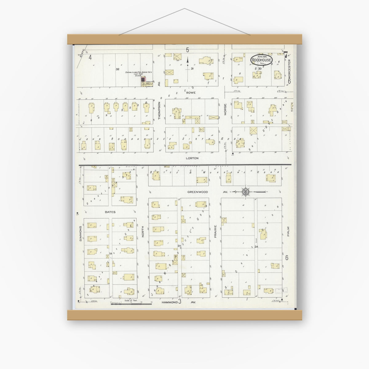Old map wall art mockup — magnetic wood frame on white wall — Sanborn Fire Insurance Map from Roodhouse, Greene County, Illinois (1914), Sheet #0007