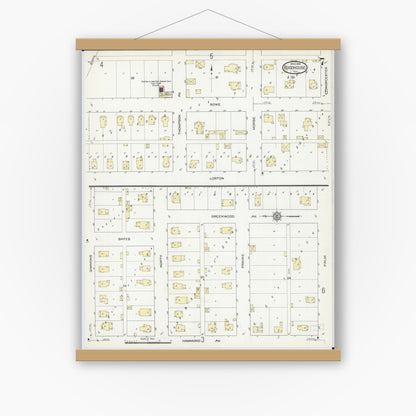Old map wall art mockup — magnetic wood frame on white wall — Sanborn Fire Insurance Map from Roodhouse, Greene County, Illinois (1914), Sheet #0007