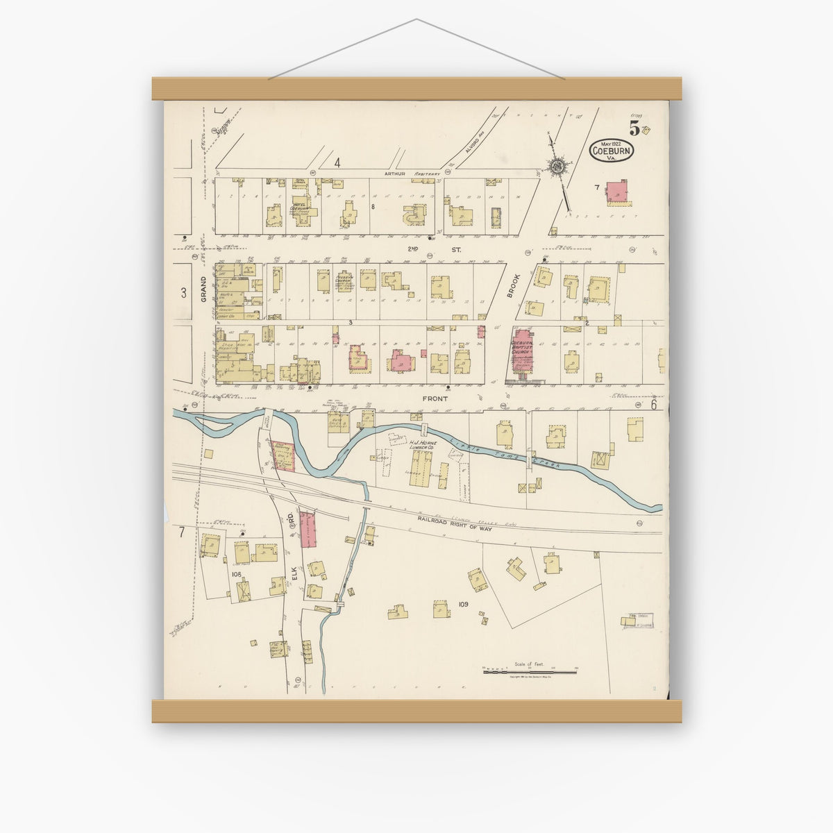 Old map wall art mockup — magnetic wood frame on white wall — Sanborn Fire Insurance Map from Coeburn, Wise County, Virginia (1922), Sheet #0005