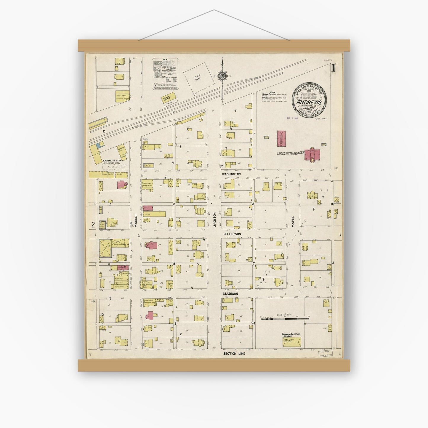 Old map wall art mockup — magnetic wood frame on white wall — Sanborn Fire Insurance Map from Andrews, Huntington County, Indiana (1912), Sheet #0001