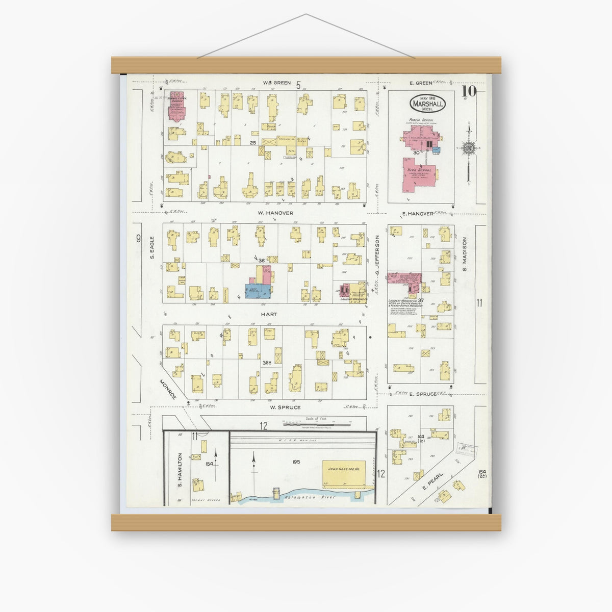Old map wall art mockup — magnetic wood frame on white wall — Sanborn Fire Insurance Map from Marshall, Calhoun County, Michigan (1916), Sheet #0010