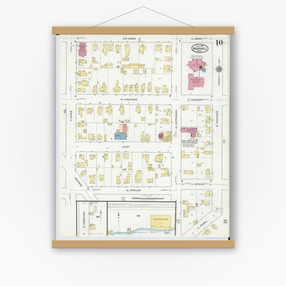 Old map wall art mockup — magnetic wood frame on white wall — Sanborn Fire Insurance Map from Marshall, Calhoun County, Michigan (1916), Sheet #0010