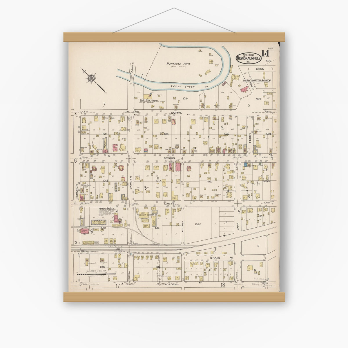 Old map wall art mockup — magnetic wood frame on white wall — Sanborn Fire Insurance Map from New Braunfels, Comal County, Texas (1922), Sheet #0014