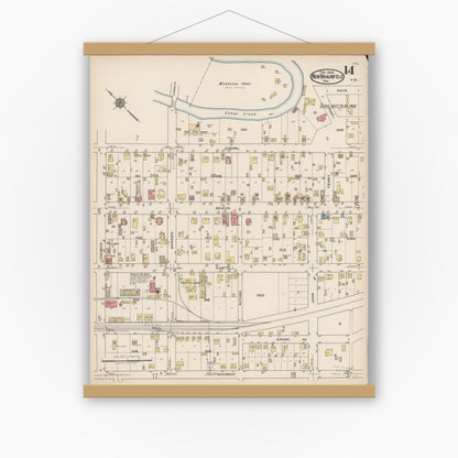 Old map wall art mockup — magnetic wood frame on white wall — Sanborn Fire Insurance Map from New Braunfels, Comal County, Texas (1922), Sheet #0014