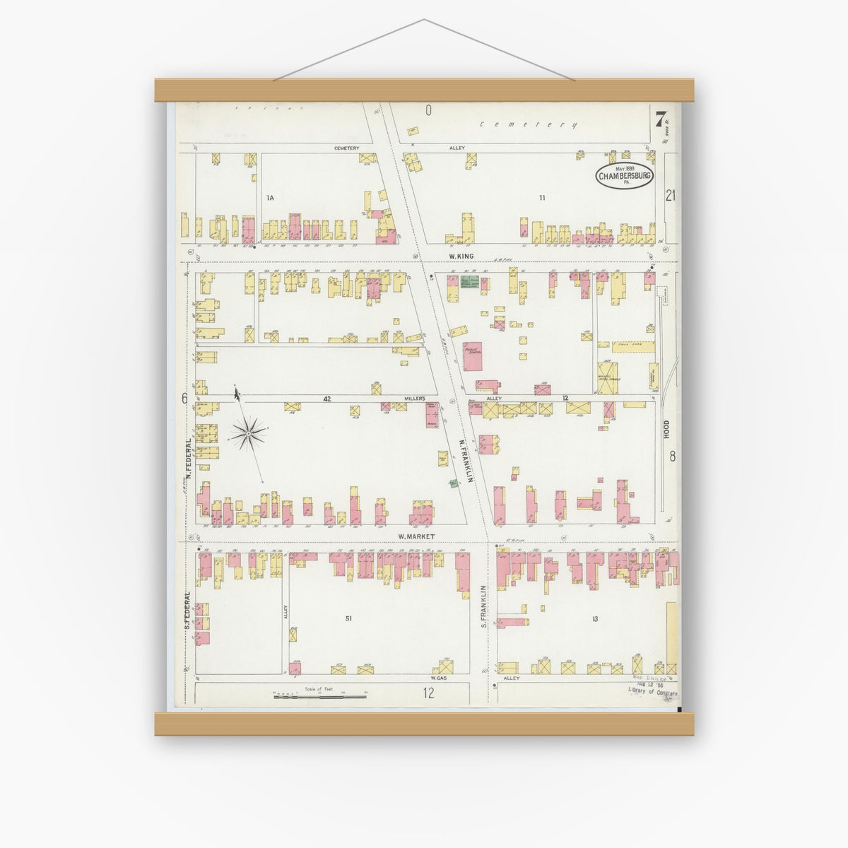 Old map wall art mockup — magnetic wood frame on white wall — Sanborn Fire Insurance Map from Chambersburg, Franklin County, Pennsylvania (1899), Sheet #0007