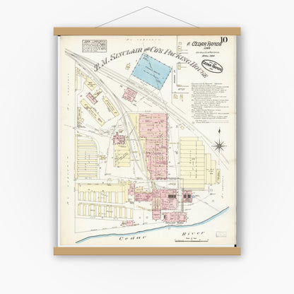 Old map wall art mockup — magnetic wood frame on white wall — Sanborn Fire Insurance Map from Cedar Rapids, Linn County, Iowa (1884), Sheet #0010