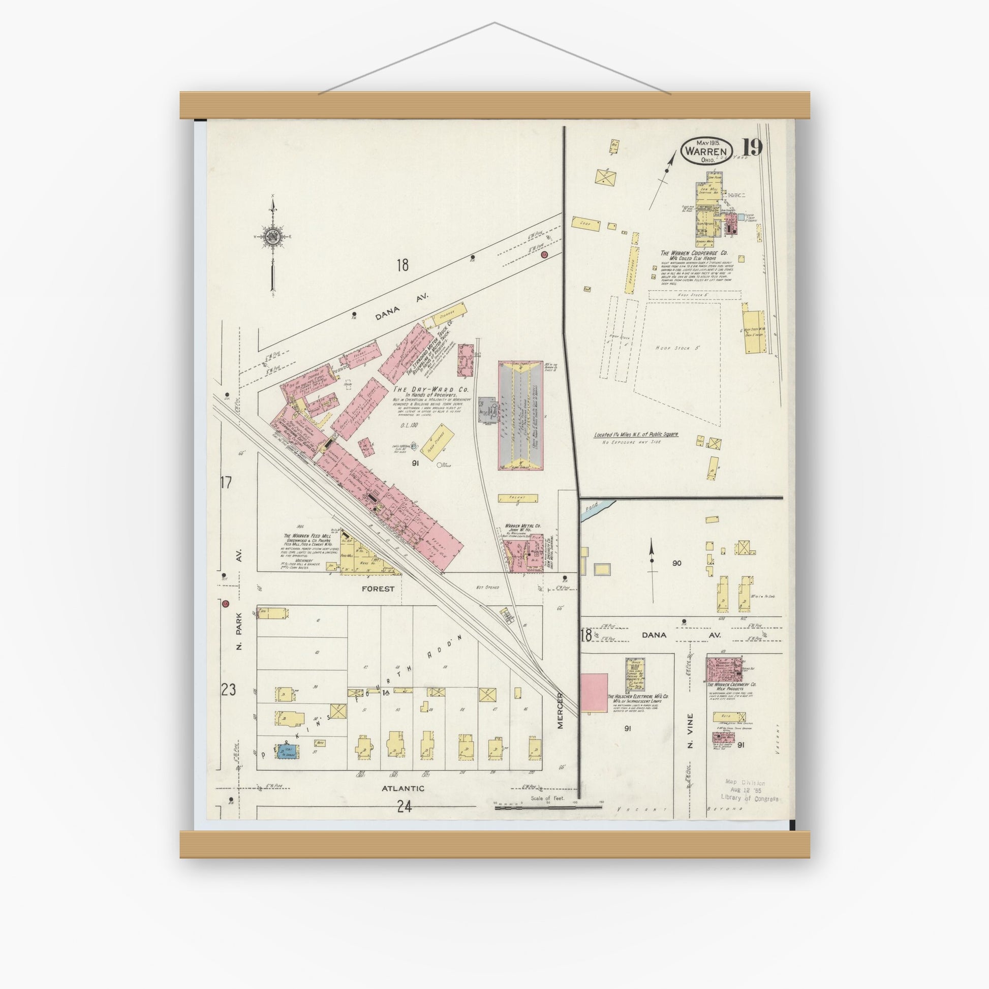 Old map wall art mockup — magnetic wood frame on white wall — Sanborn Fire Insurance Map from Warren, Trumbull County, Ohio (1915), Sheet #0019
