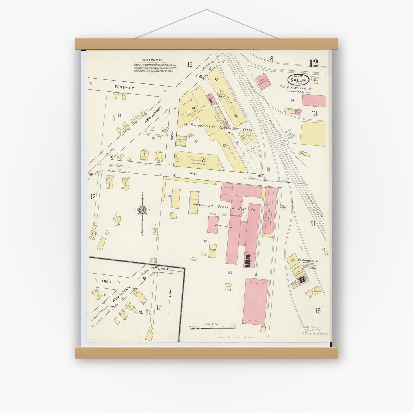 Old map wall art mockup — magnetic wood frame on white wall — Sanborn Fire Insurance Map from Salem, Columbiana County, Ohio (1915), Sheet #0012