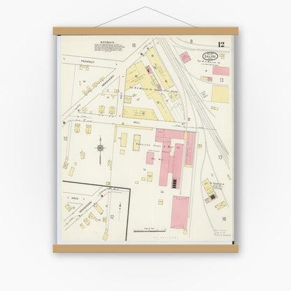 Old map wall art mockup — magnetic wood frame on white wall — Sanborn Fire Insurance Map from Salem, Columbiana County, Ohio (1915), Sheet #0012
