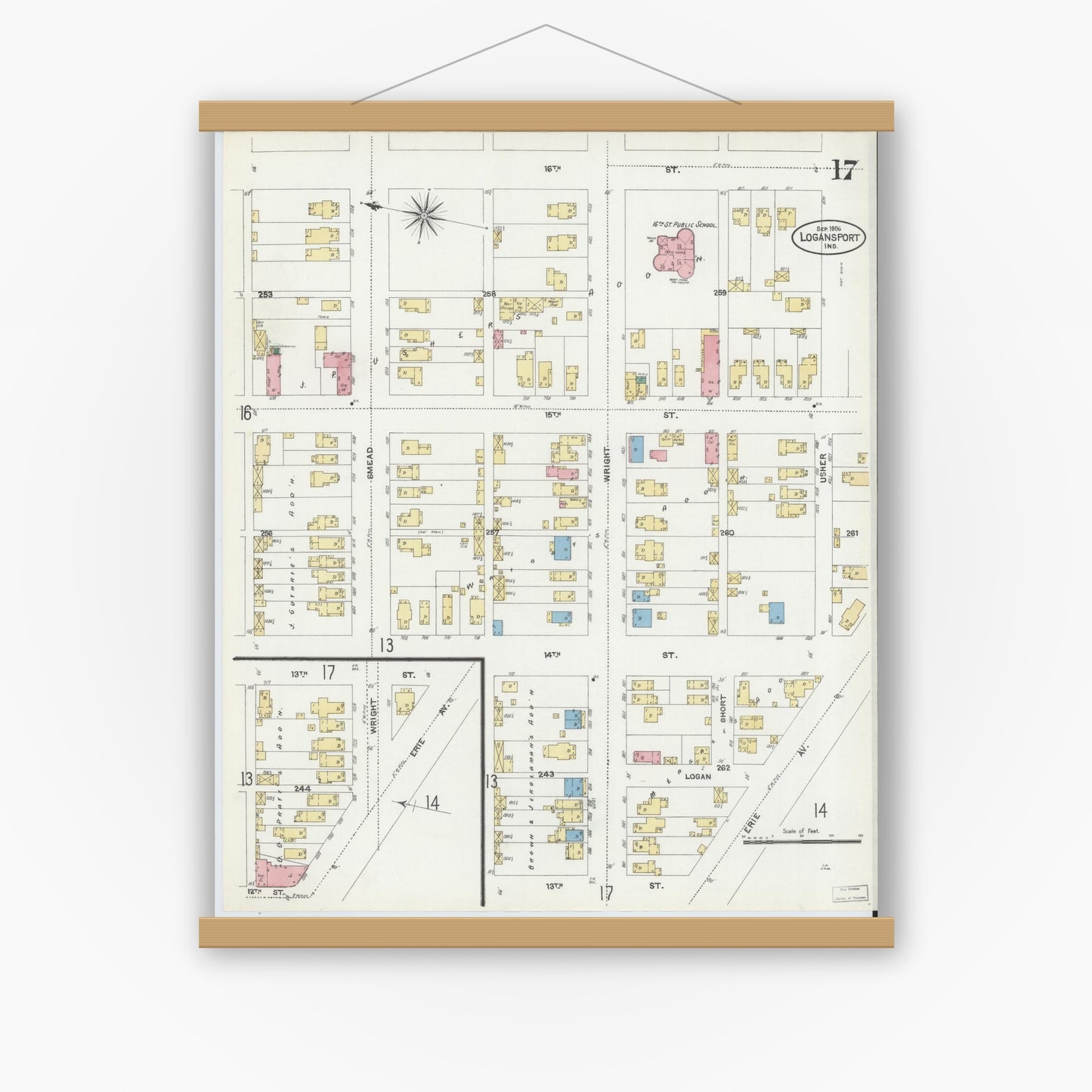 Old map wall art mockup — magnetic wood frame on white wall — Sanborn Fire Insurance Map from Logansport, Cass County, Indiana (1906), Sheet #0017