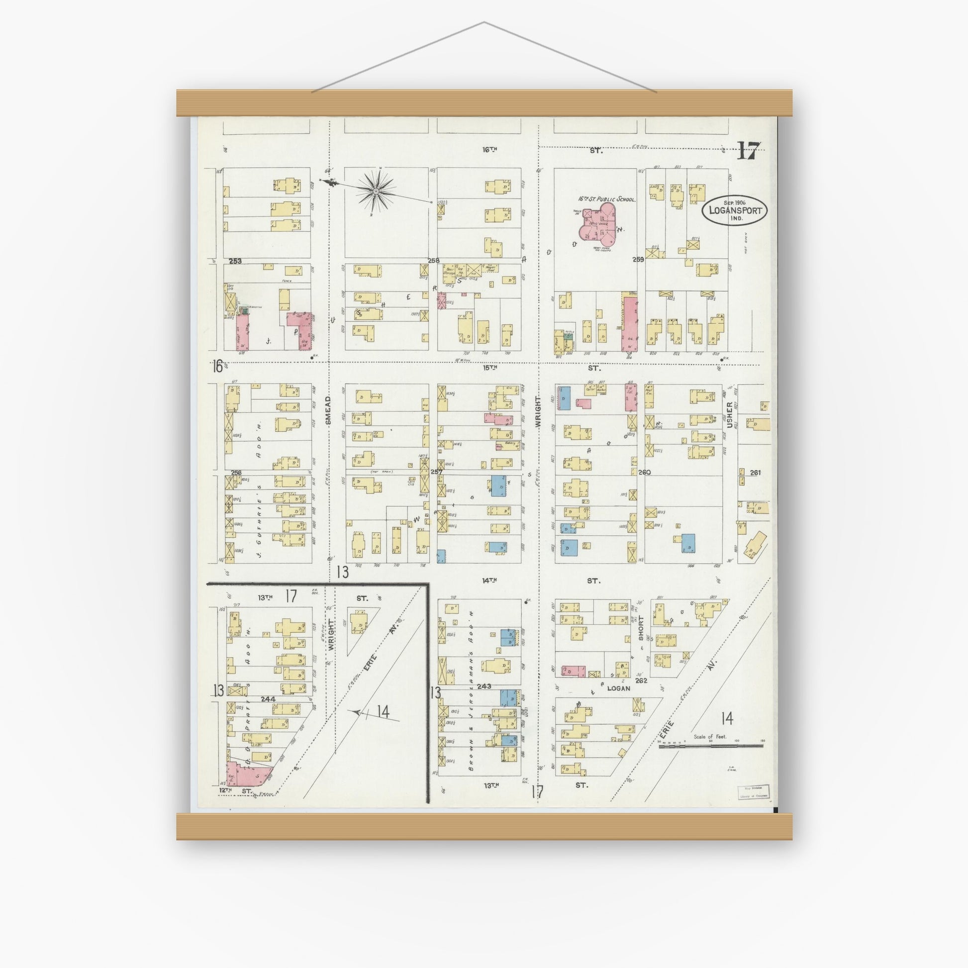 Old map wall art mockup — magnetic wood frame on white wall — Sanborn Fire Insurance Map from Logansport, Cass County, Indiana (1906), Sheet #0017