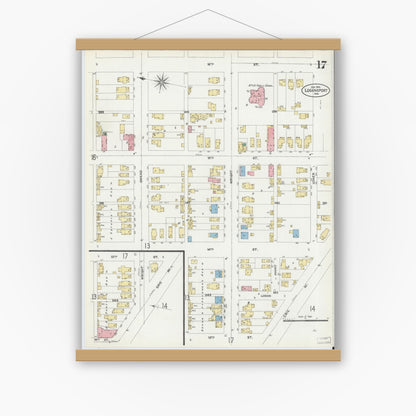 Old map wall art mockup — magnetic wood frame on white wall — Sanborn Fire Insurance Map from Logansport, Cass County, Indiana (1906), Sheet #0017