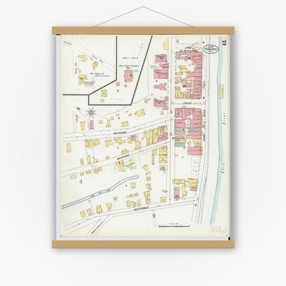 Old map wall art mockup — magnetic wood frame on white wall — Sanborn Fire Insurance Map from Pomeroy, Meigs County, Ohio (1899), Sheet #0002