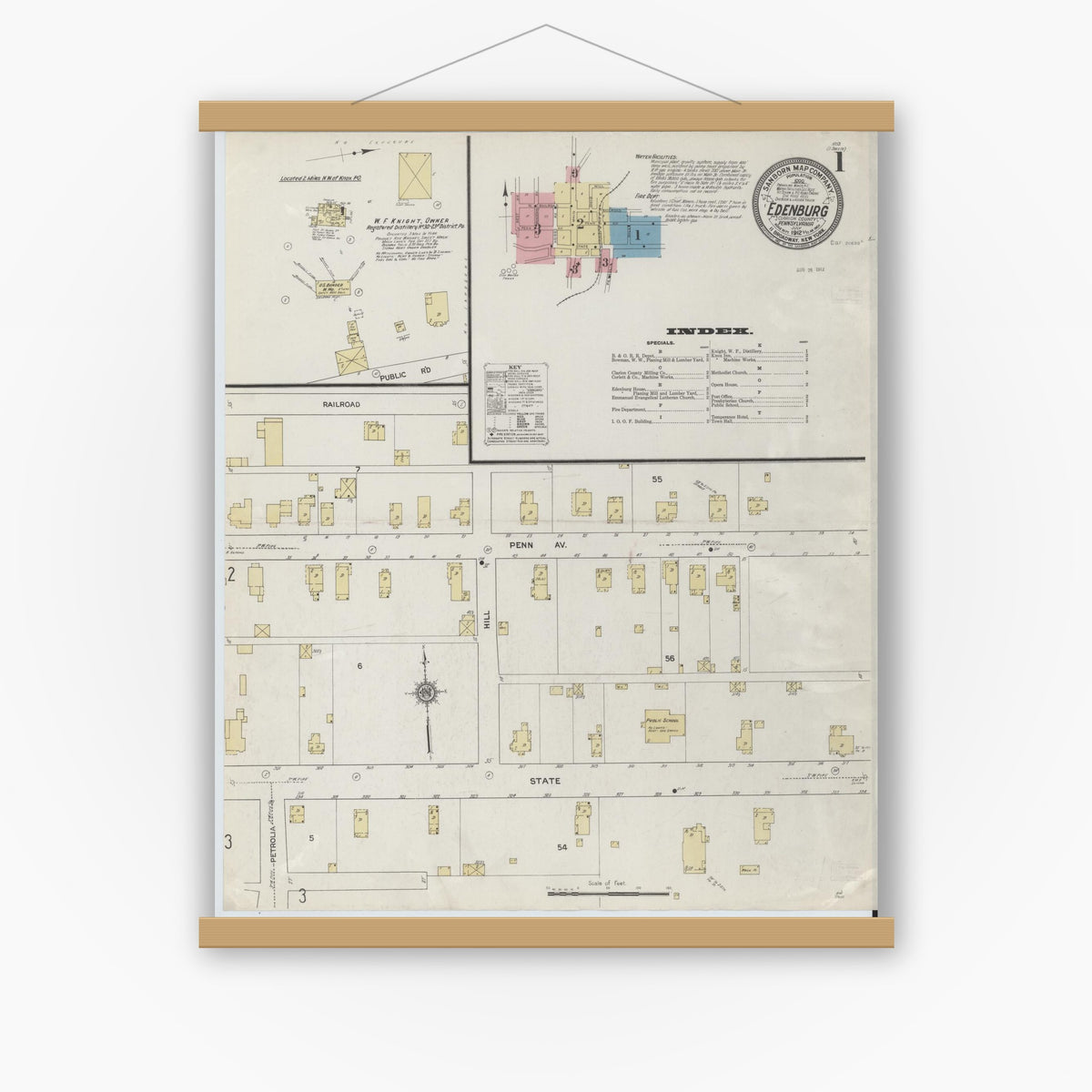 Old map wall art mockup — magnetic wood frame on white wall — Sanborn Fire Insurance Map from Edenburg, Clarion County, Pennsylvania (1912), Sheet #0001
