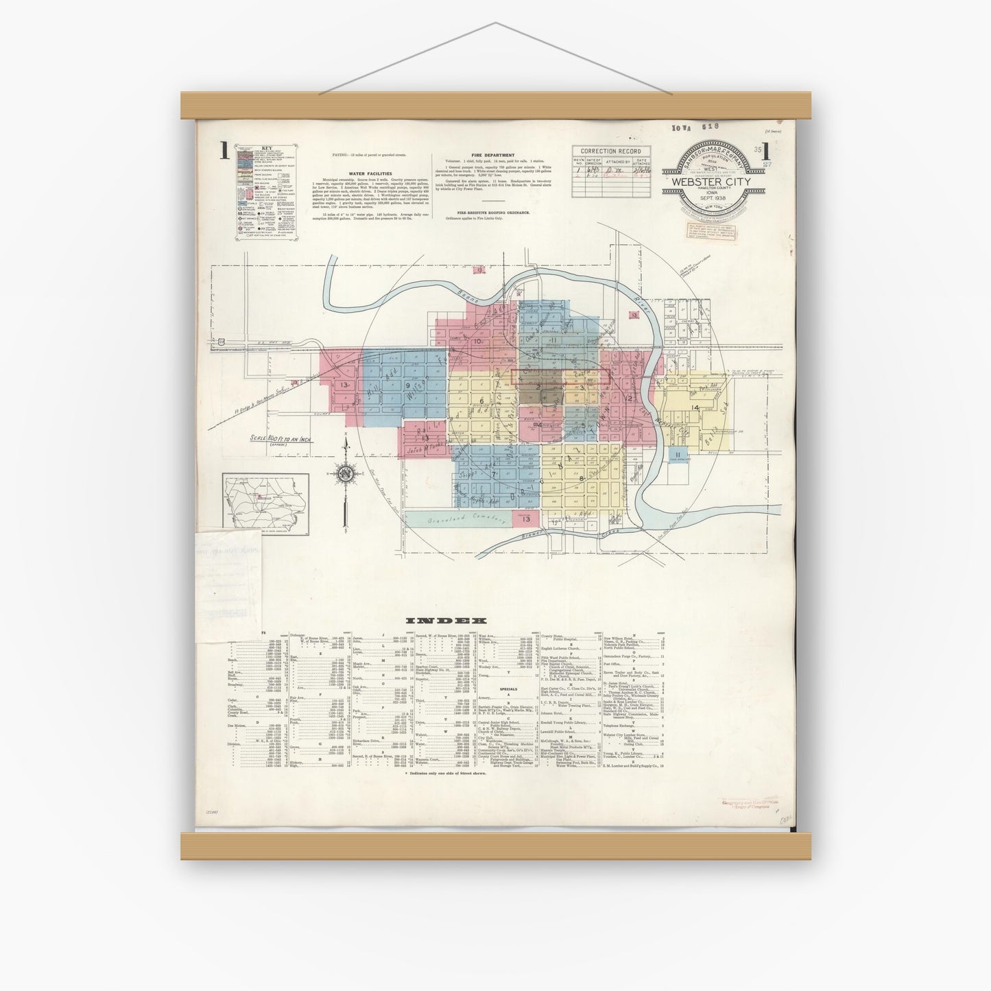 Old map wall art mockup — magnetic wood frame on white wall — Sanborn Fire Insurance Map from Webster City, Hamilton County, Iowa (1950), Sheet #0001