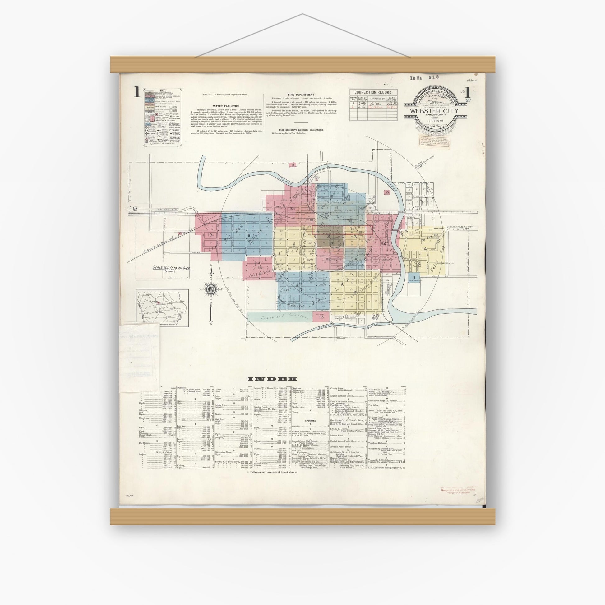 Old map wall art mockup — magnetic wood frame on white wall — Sanborn Fire Insurance Map from Webster City, Hamilton County, Iowa (1950), Sheet #0001