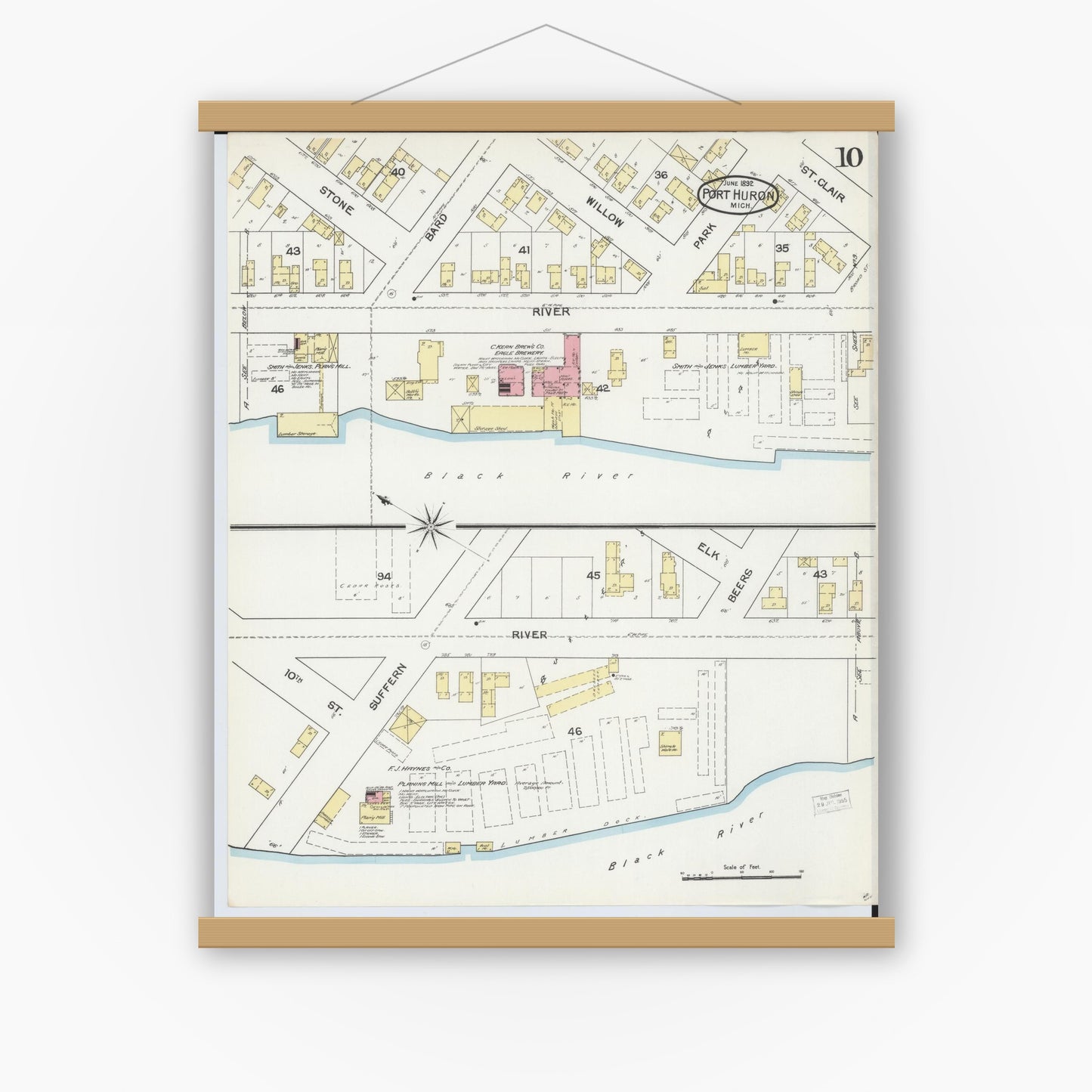 Old map wall art mockup — magnetic wood frame on white wall — Sanborn Fire Insurance Map from Port Huron, Saint Clair County, Michigan (1892), Sheet #0010