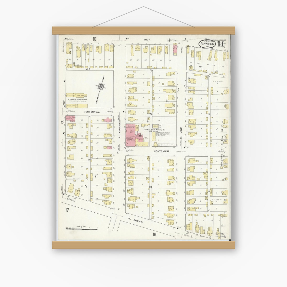 Old map wall art mockup — magnetic wood frame on white wall — Sanborn Fire Insurance Map from Seymour, Jackson County, Indiana (1913), Sheet #0014