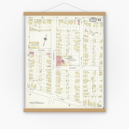 Old map wall art mockup — magnetic wood frame on white wall — Sanborn Fire Insurance Map from Seymour, Jackson County, Indiana (1913), Sheet #0014