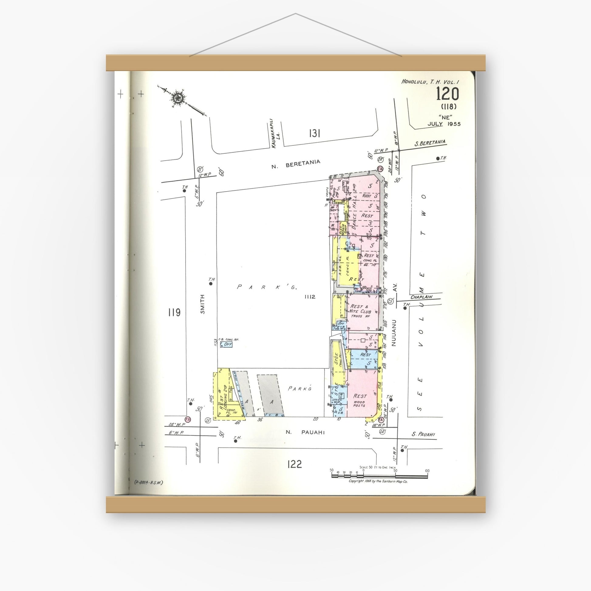 Old map wall art mockup — magnetic wood frame on white wall — Sanborn Fire Insurance Map from Honolulu, Oahu County, Hawaii (1955), Sheet #0120