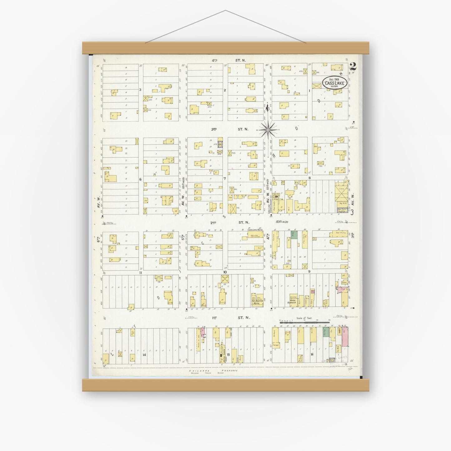 Old map wall art mockup — magnetic wood frame on white wall — Sanborn Fire Insurance Map from Cass Lake, Cass County, Minnesota (1908), Sheet #0002