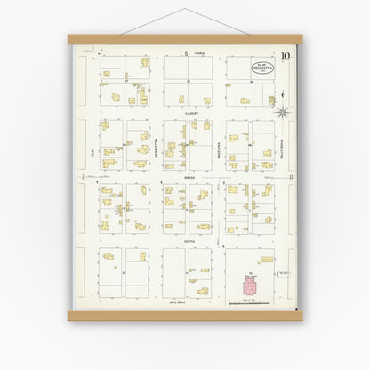Old map wall art mockup — magnetic wood frame on white wall — Sanborn Fire Insurance Map from Henrietta, Clay County, Texas (1907), Sheet #0010
