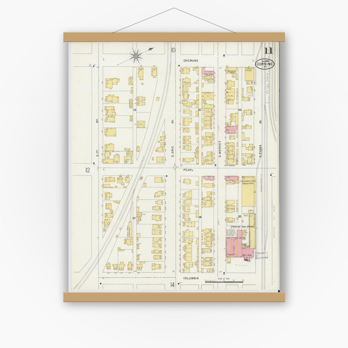 Old map wall art mockup — magnetic wood frame on white wall — Sanborn Fire Insurance Map from Corning, Steuben County, New York (1898), Sheet #0011