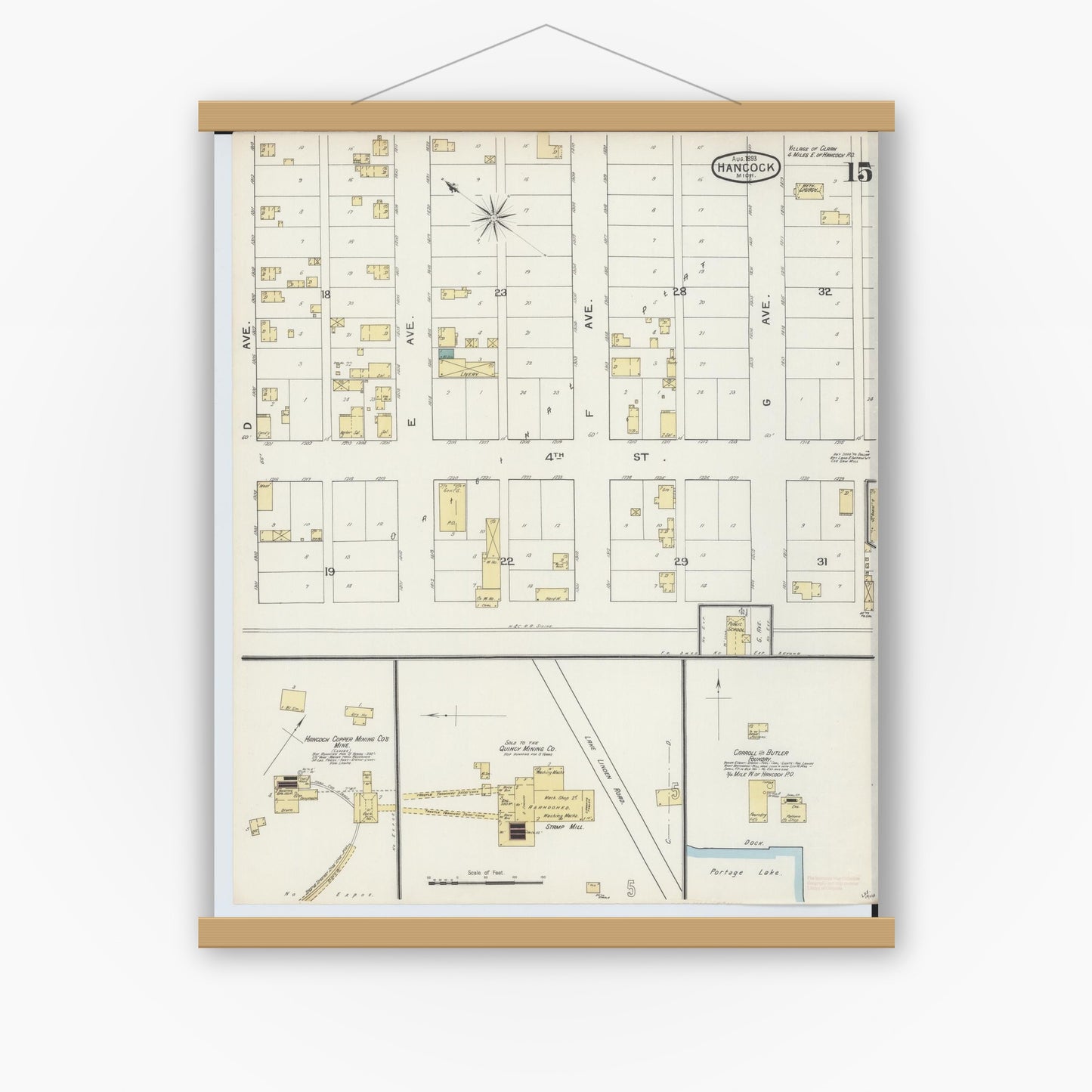 Old map wall art mockup — magnetic wood frame on white wall — Sanborn Fire Insurance Map from Houghton, Houghton County, Michigan (1893), Sheet #0015