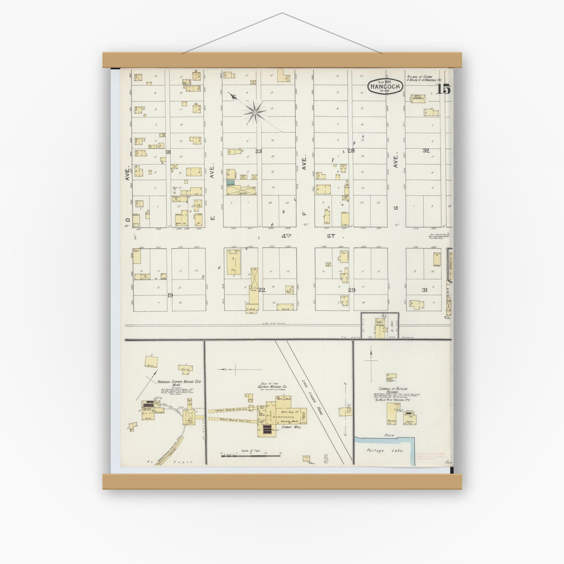 Old map wall art mockup — magnetic wood frame on white wall — Sanborn Fire Insurance Map from Houghton, Houghton County, Michigan (1893), Sheet #0015