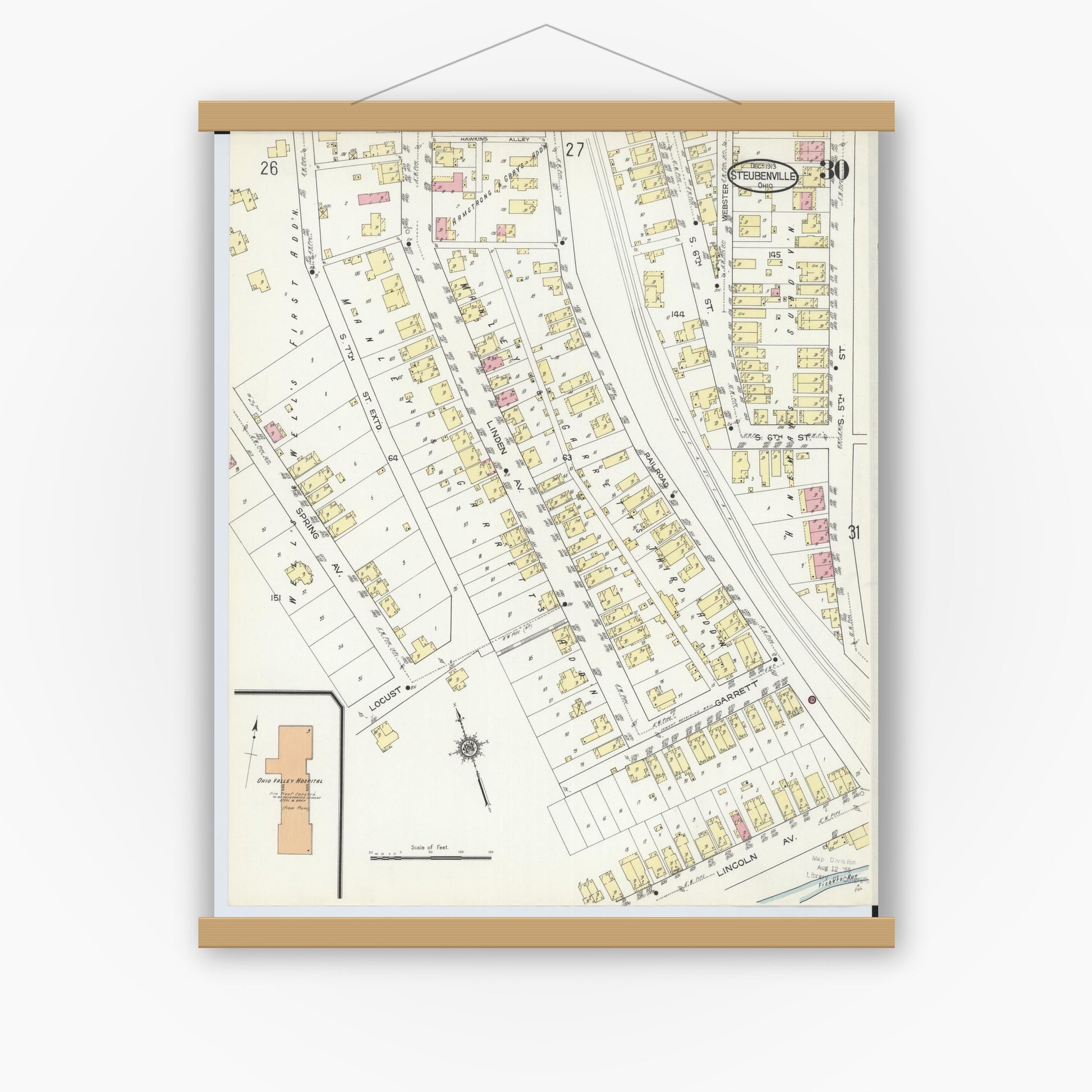 Old map wall art mockup — magnetic wood frame on white wall — Sanborn Fire Insurance Map from Steubenville, Jefferson County, Ohio (1913), Sheet #0030