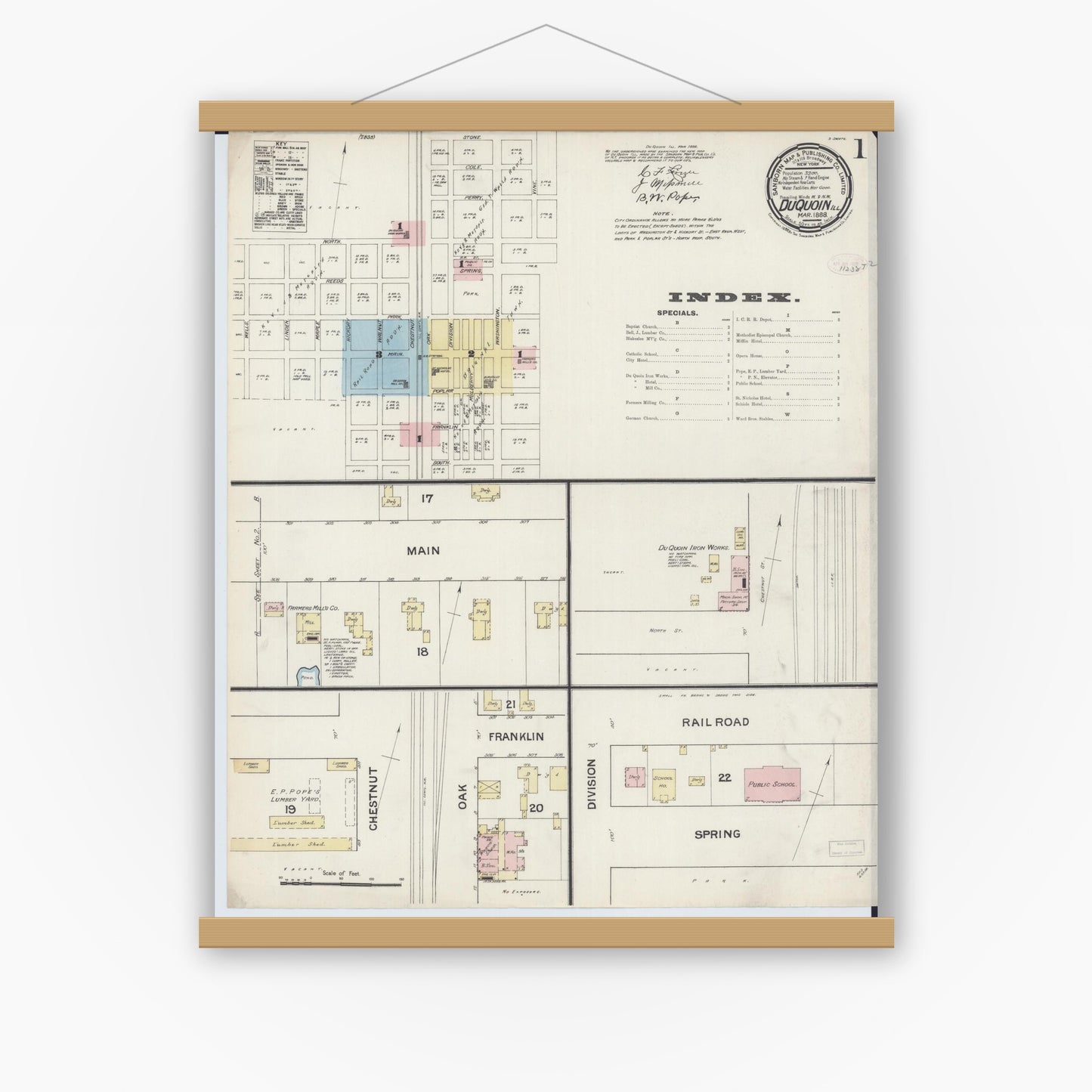 Old map wall art mockup — magnetic wood frame on white wall — Sanborn Fire Insurance Map from Du Quoin, Perry County, Illinois (1888), Sheet #0001