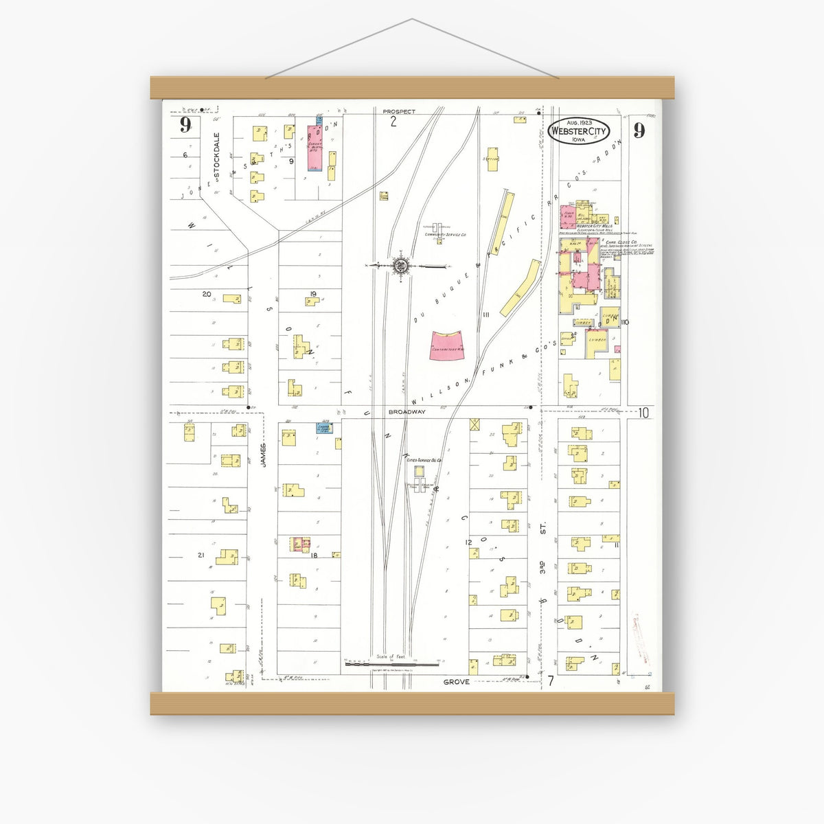 Old map wall art mockup — magnetic wood frame on white wall — Sanborn Fire Insurance Map from Webster City, Hamilton County, Iowa (1923), Sheet #0009