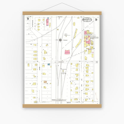 Old map wall art mockup — magnetic wood frame on white wall — Sanborn Fire Insurance Map from Webster City, Hamilton County, Iowa (1923), Sheet #0009