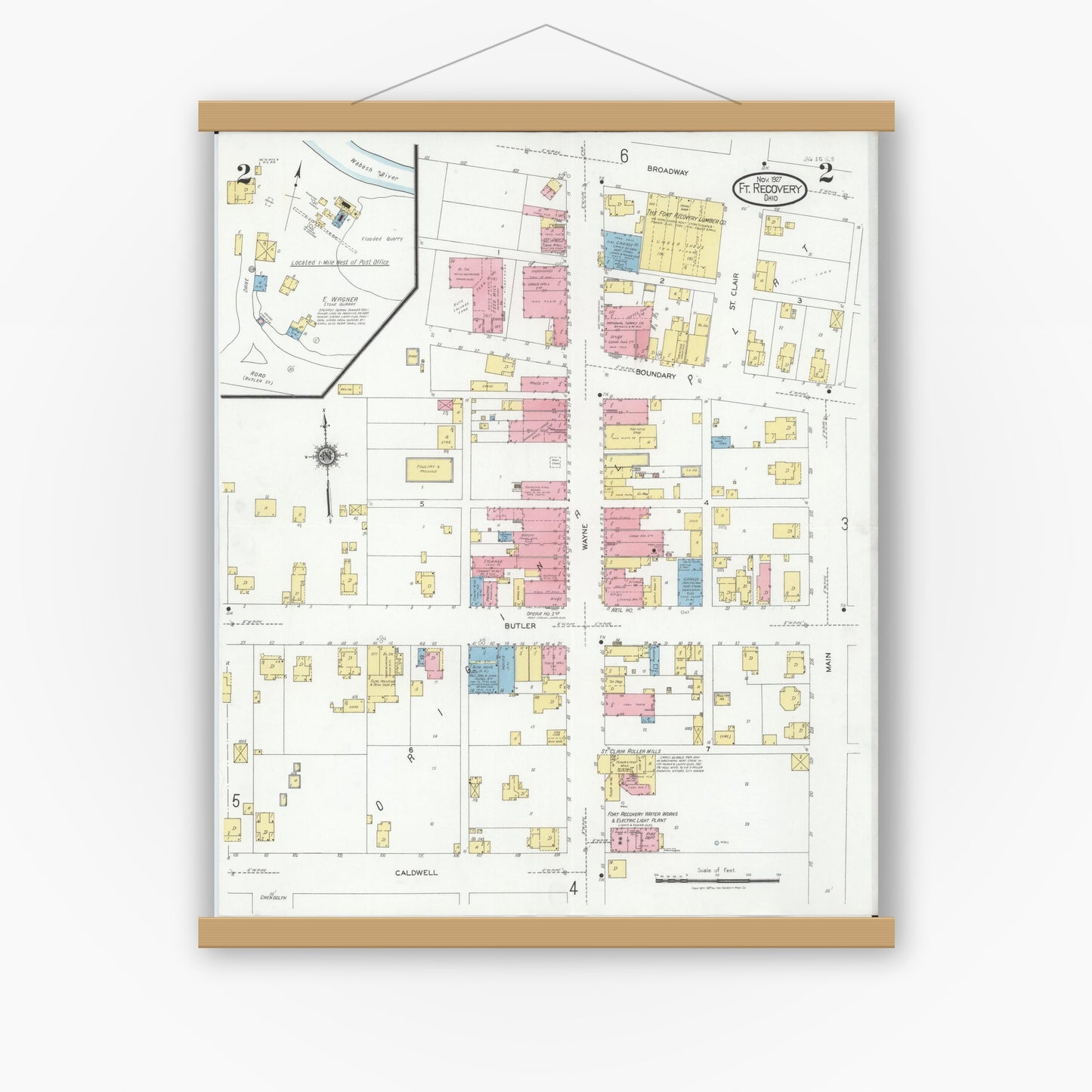 Old map wall art mockup — magnetic wood frame on white wall — Sanborn Fire Insurance Map from Fort Recovery, Mercer County, Ohio (1927), Sheet #0002