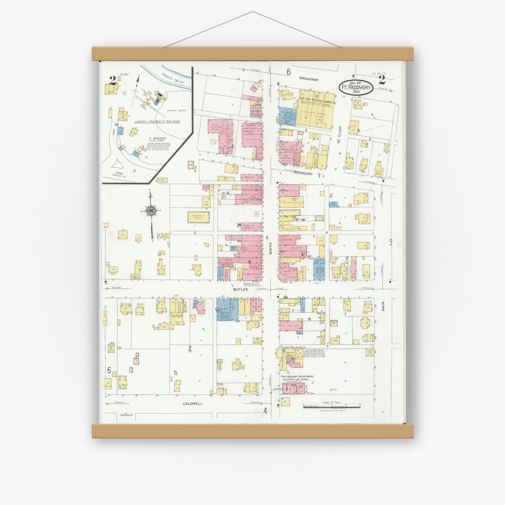 Old map wall art mockup — magnetic wood frame on white wall — Sanborn Fire Insurance Map from Fort Recovery, Mercer County, Ohio (1927), Sheet #0002