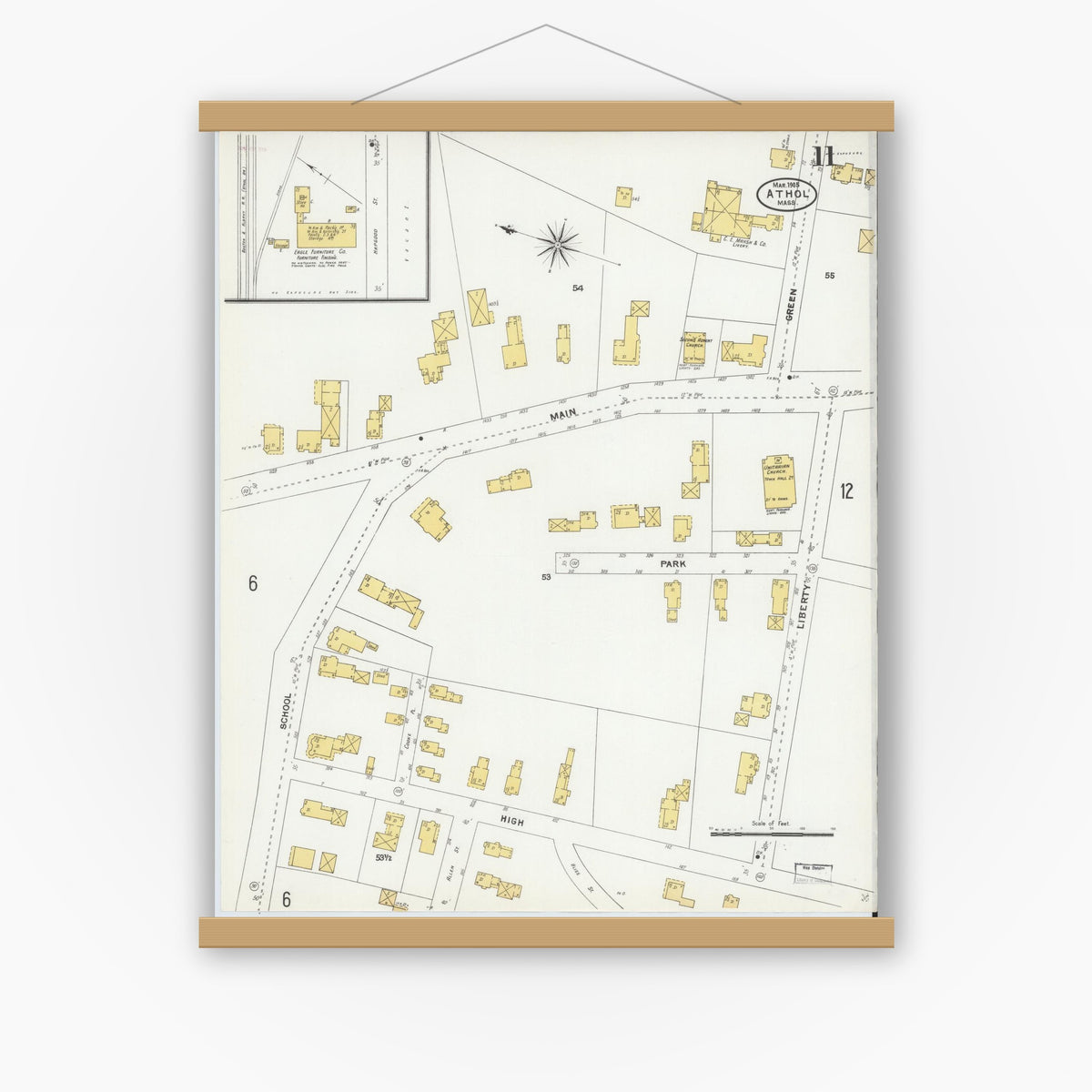 Old map wall art mockup — magnetic wood frame on white wall — Sanborn Fire Insurance Map from Athol, Worcester County, Massachusetts (1905), Sheet #0011