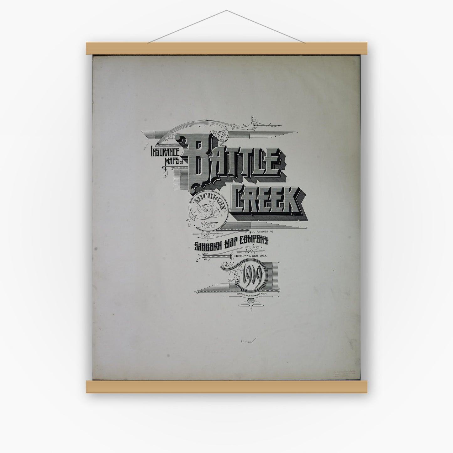 Old map wall art mockup — magnetic wood frame on white wall — Sanborn Fire Insurance Map from Battle Creek, Calhoun County, Michigan (1919), Sheet #0001