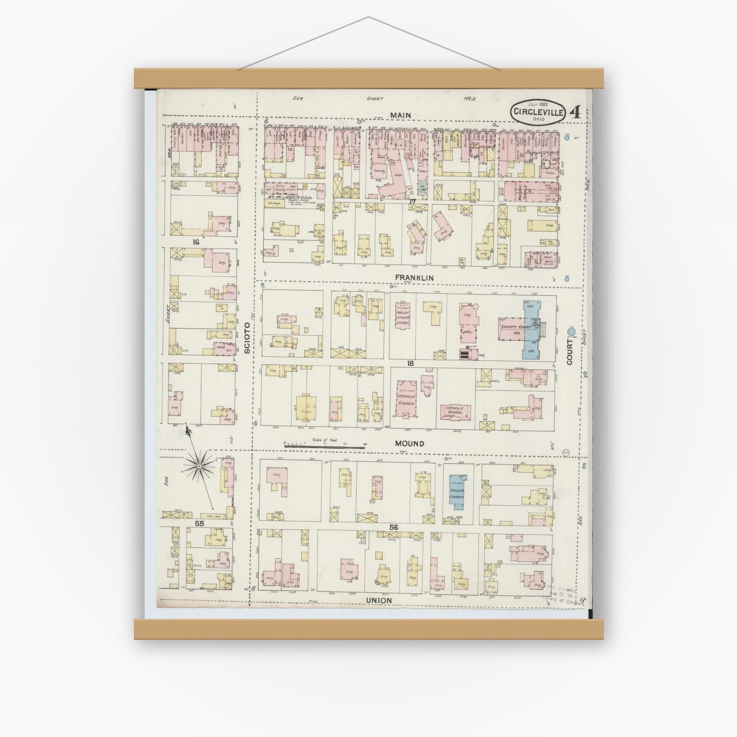 Old map wall art mockup — magnetic wood frame on white wall — Sanborn Fire Insurance Map from Circleville, Pickaway County, Ohio (1889), Sheet #0004