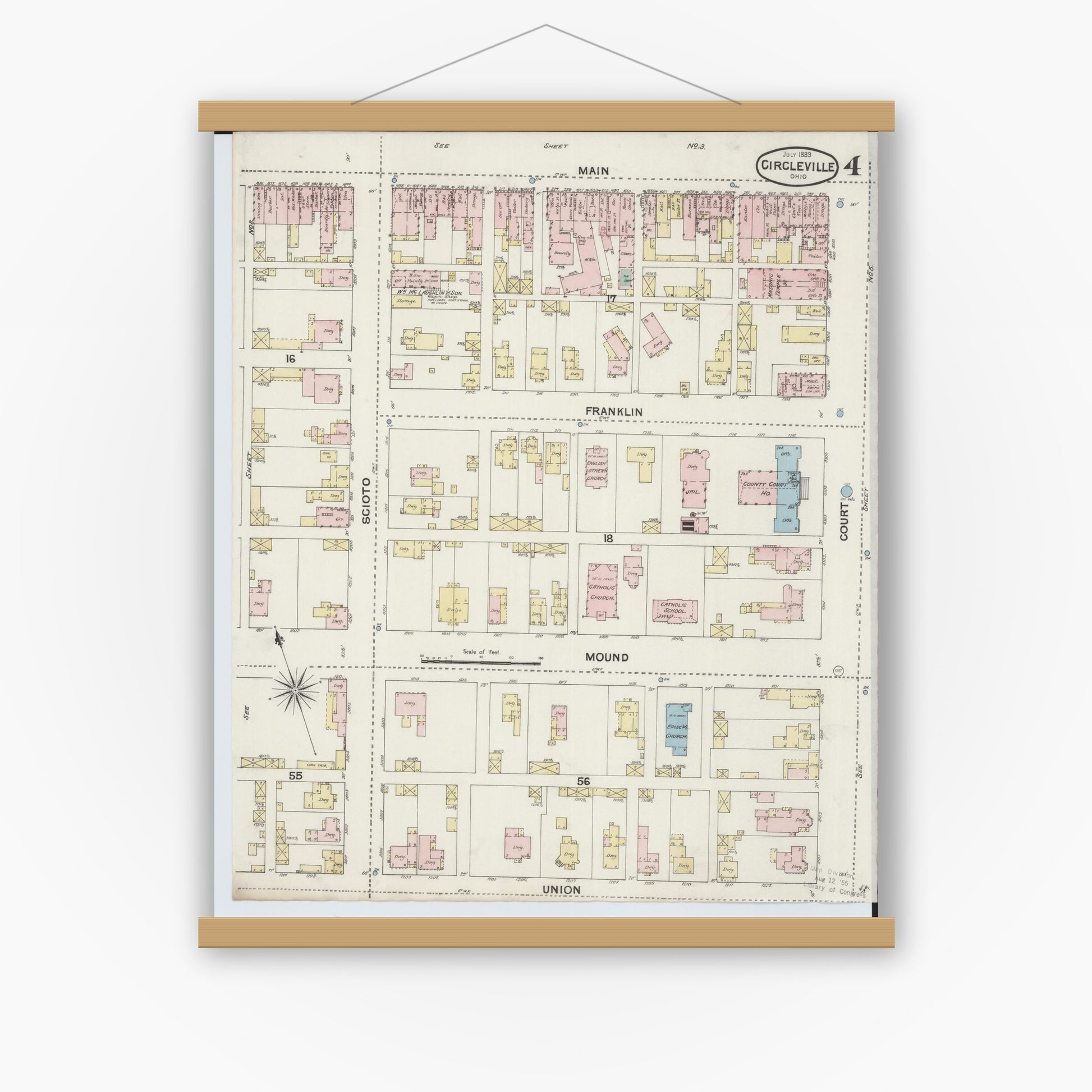 Old map wall art mockup — magnetic wood frame on white wall — Sanborn Fire Insurance Map from Circleville, Pickaway County, Ohio (1889), Sheet #0004