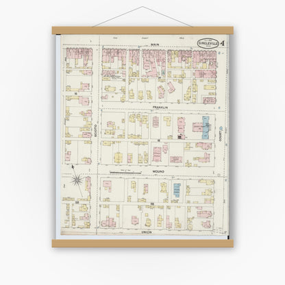 Old map wall art mockup — magnetic wood frame on white wall — Sanborn Fire Insurance Map from Circleville, Pickaway County, Ohio (1889), Sheet #0004