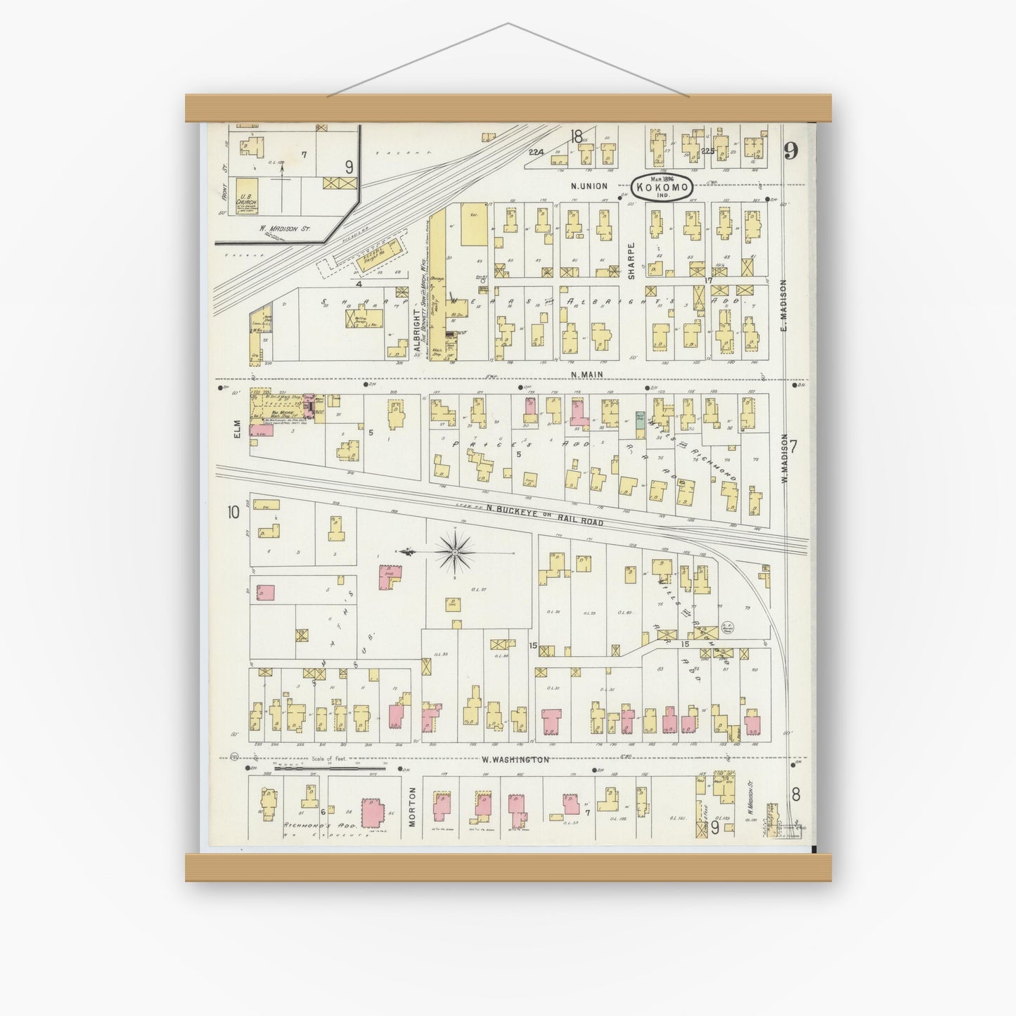 Old map wall art mockup — magnetic wood frame on white wall — Sanborn Fire Insurance Map from Kokomo, Howard County, Indiana (1896), Sheet #0009
