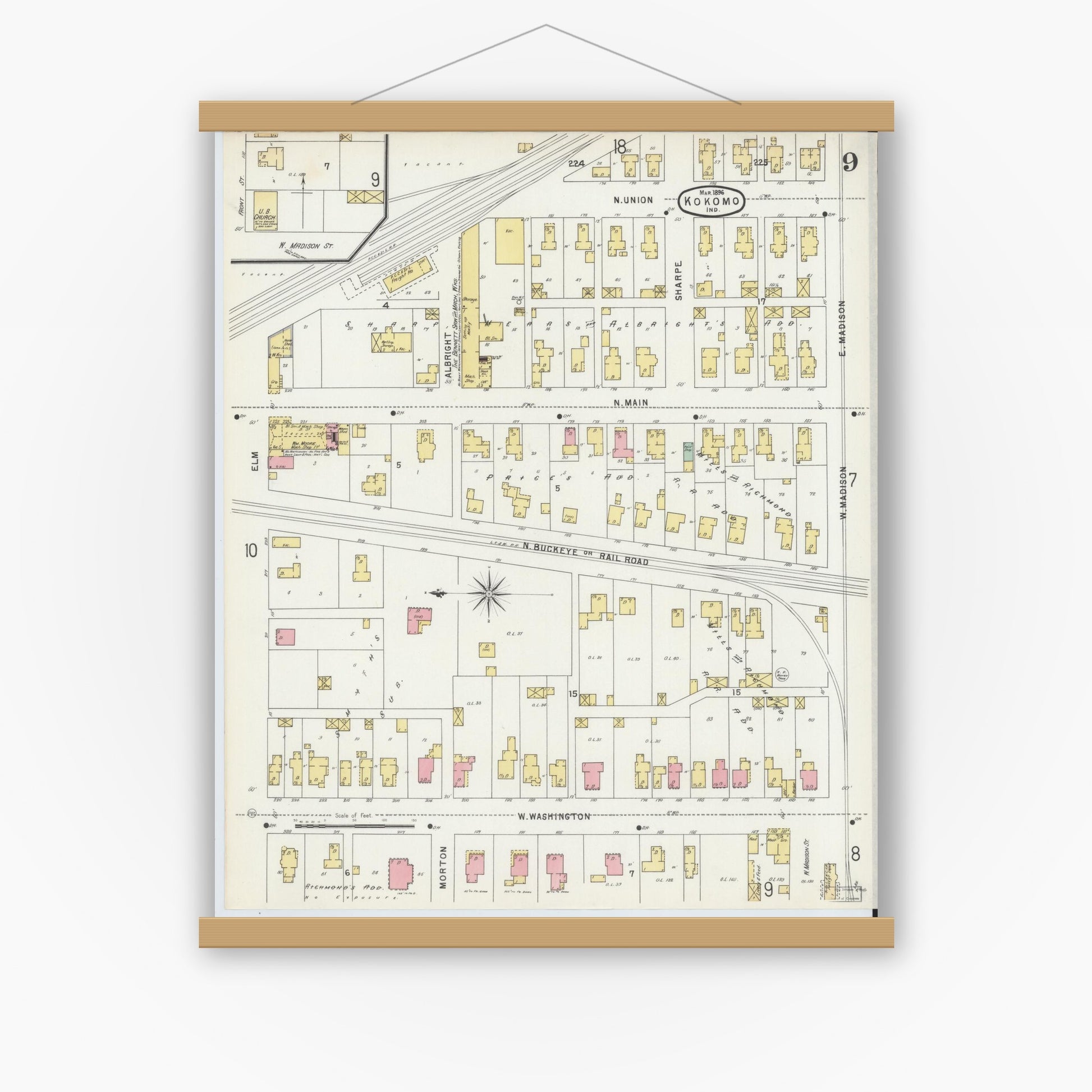 Old map wall art mockup — magnetic wood frame on white wall — Sanborn Fire Insurance Map from Kokomo, Howard County, Indiana (1896), Sheet #0009