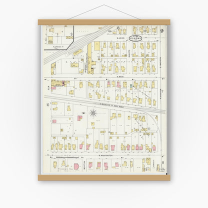Old map wall art mockup — magnetic wood frame on white wall — Sanborn Fire Insurance Map from Kokomo, Howard County, Indiana (1896), Sheet #0009