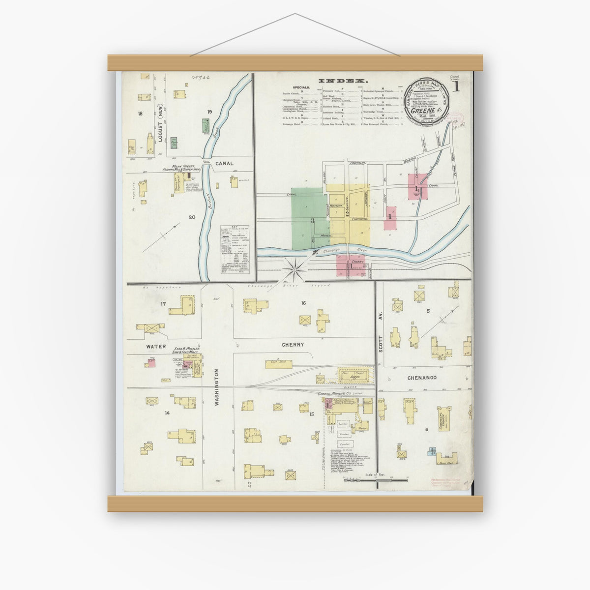 Old map wall art mockup — magnetic wood frame on white wall — Sanborn Fire Insurance Map from Greene, Chenango County, New York (1897), Sheet #0001