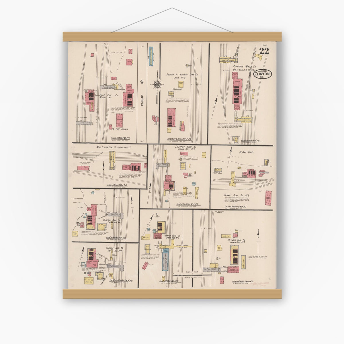 Old map wall art mockup — magnetic wood frame on white wall — Sanborn Fire Insurance Map from Clinton, Vermillion County, Indiana (1921), Sheet #0022