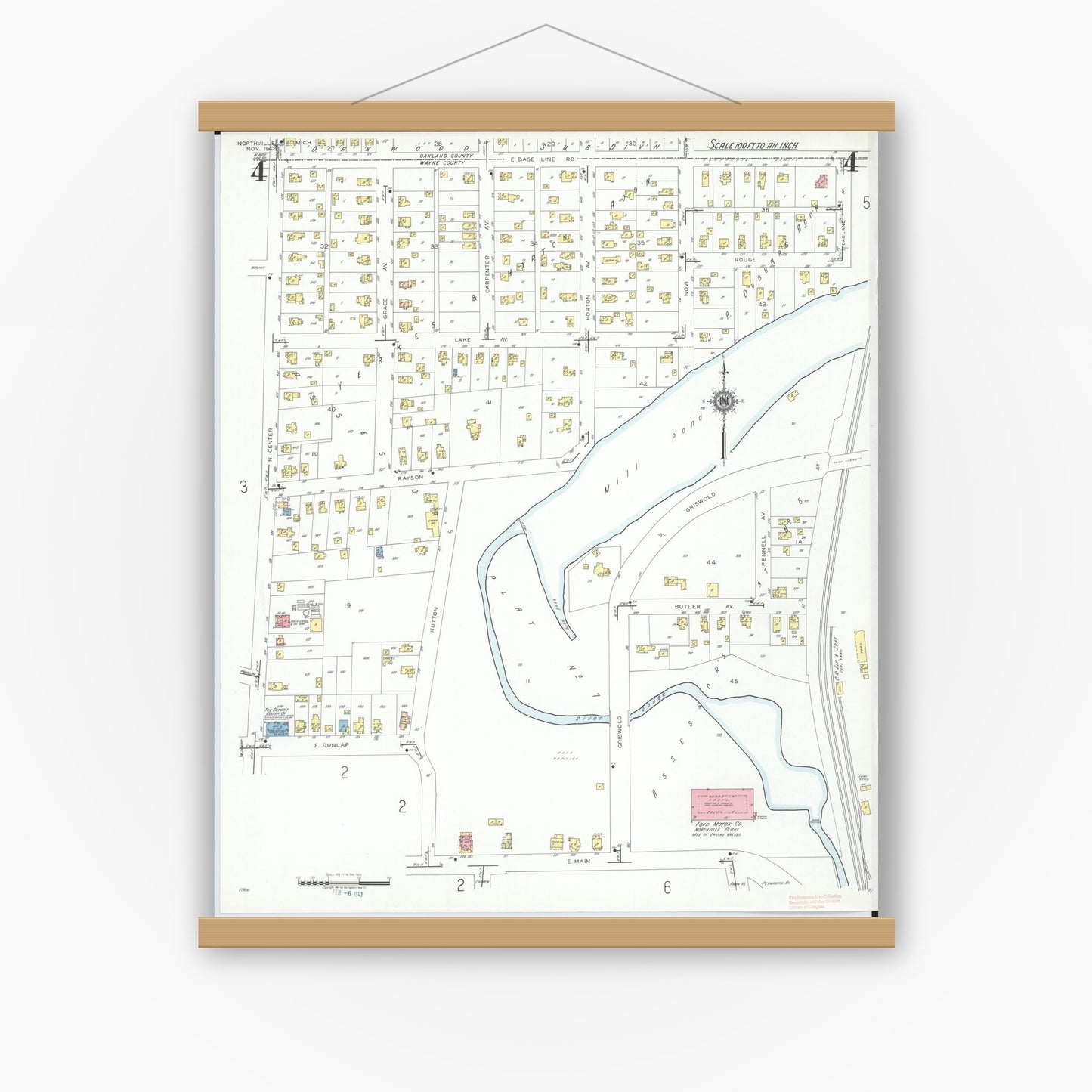 Old map wall art mockup — magnetic wood frame on white wall — Sanborn Fire Insurance Map from Northville, Wayne County, Michigan (1942), Sheet #0004