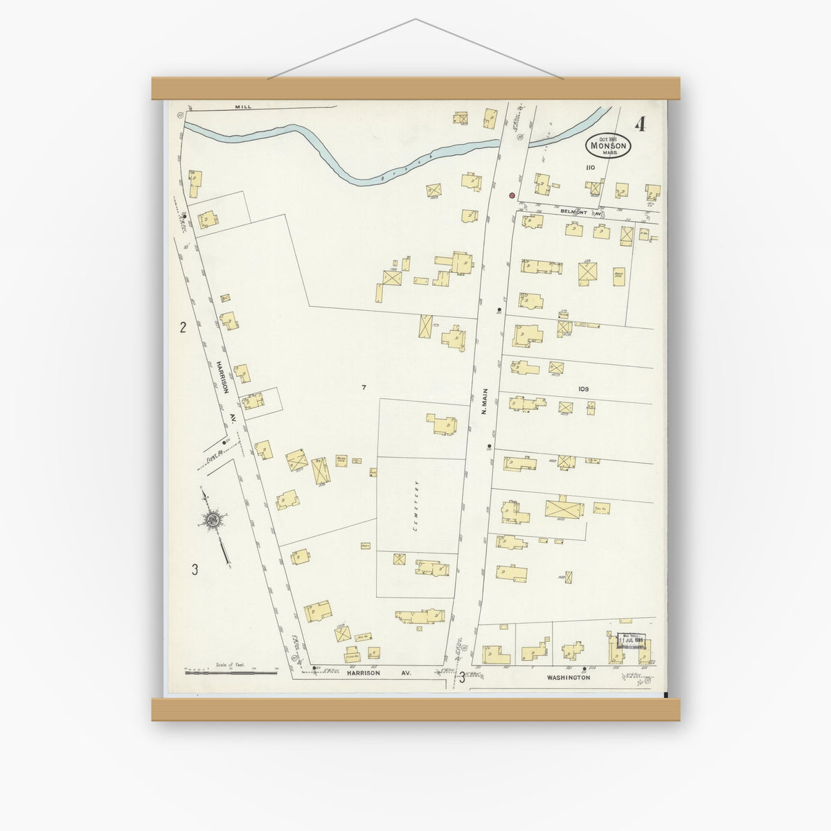Old map wall art mockup — magnetic wood frame on white wall — Sanborn Fire Insurance Map from Monson, Hampden County, Massachusetts (1911), Sheet #0004